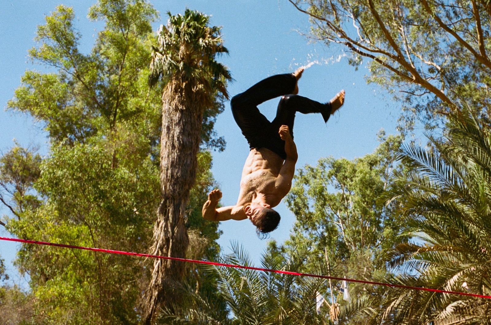 Backflip off a slackline between palm trees